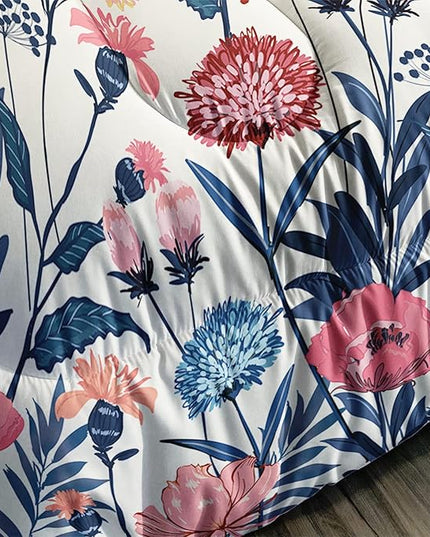 AILONEN Retro Flowers Comforter Set Queen Size, Watercolor Pink Blue Flowers Pattern Bedding Set,Spring Colorful Plants Theme Quilt Set Bedroom Decor 3Pcs(1 Comforter + 2 Pillowcases)