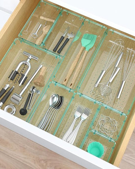 33 PCS Clear Plastic Drawer Organizers Set, 4 Size Desk Drawer Organizer Trays for Makeup, Jewelry, Kitchen Utensils, Gadgets and Office Accessories, Sea Blue