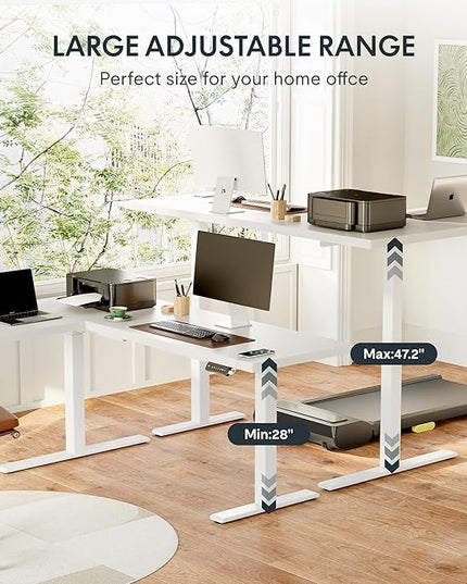 SANODESK 71-Inch Large Dual Motor L-Shaped Electric Height Adjustable Standing Desk - Reversible Panel - White Top/White Frame - Ideal for Gaming, Home Office or Computer Workstation
