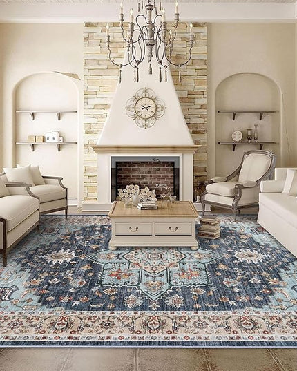 Washable Oriental Area Rug - 9x12 Rugs for Living Room Soft Carpet for Bedroom Waterproof Floral Distressed Indoor Stain Resistant Non-Shedding Floor Carpets (Blue/Teal/Orange, 9x12)