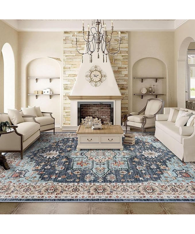 Washable Oriental Area Rug - 9x12 Rugs for Living Room Soft Carpet for Bedroom Waterproof Floral Distressed Indoor Stain Resistant Non-Shedding Floor Carpets (Blue/Teal/Orange, 9x12)