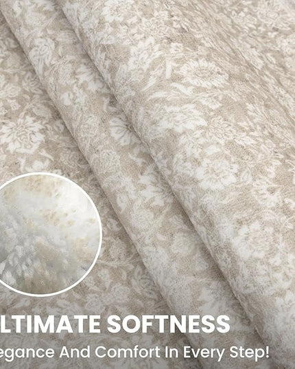 2.6x12 Washable Runner Rug for Kitchen, Cream Beige White Grey Soft Classic Runner with Non-Slip, Non-Shedding Distressed Floral Rug for Hallways Entryway Bedroom Laundry Indoor