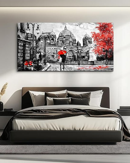 Black And White Buildings And Lovers Holding Umbrellas Under Street Lamps Canvas Art Print Artwork Wall Art For Living Room Large Size Wall Decor，Modern Home Decor Watercolor Wall Painting Decoration