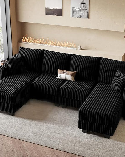 Belffin U Shaped Couch with Reversible Chaises Sectional Couches for Living Room Sectional Couch with Ottomans Corduroy (Black, U Shaped)