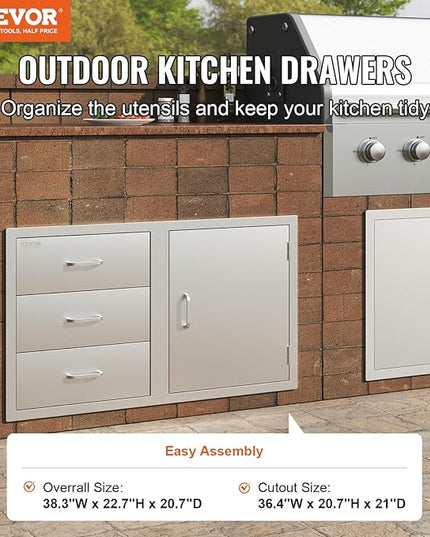 VEVOR BBQ Island Drawers 38.1W x 22.6H x 20.8D, Outdoor Kitchen Door Drawer Combo Cabinets, BBQ Access Door/Triple Drawers Combo, Stainless Steel Handles, Perfect for BBQ Island Patio Grill Station