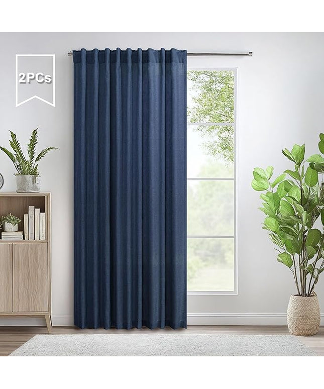 Pitalk 60 Inch Wide Curtains for Living Room 2 Panel Back Tab Pocket Drape Semi Sheer Linen Extra Large Navy Blue Curtain for Home Office Hotel Flat Family Sunroom Width 5 x 9 FT Long 60x108 Dark Blue