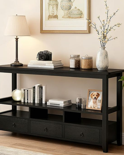 Karl home Console Table with 3 Bottom Drawers, 57.9" W Sofa Side Table Entryway Desk with 3 Storage Cubbies 1 Open Shelf, Vintage TV Stand for Hallway Living Room Office, Black 29.9" H