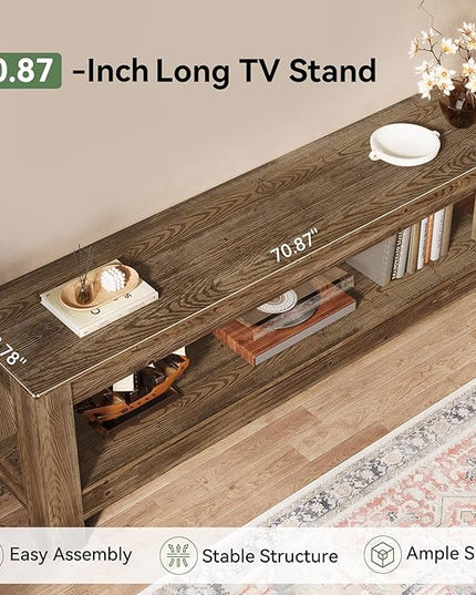70.9-Inch Solid Wood TV Stand, Farmhouse TV Console for 65/70/80/85-Inch TVs, Entertainment Center with Storage Shelves for Living Room, Bedroom, Rustic Brown