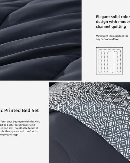Monbix King Size Comforter Set - 7 Pieces Bed in a Bag King, Blue Grey Track Stitching Bedding Sets with Comforter, All Seasons Down Alternative Comforter Bed Set with Sheets, Pillowcases & Shams