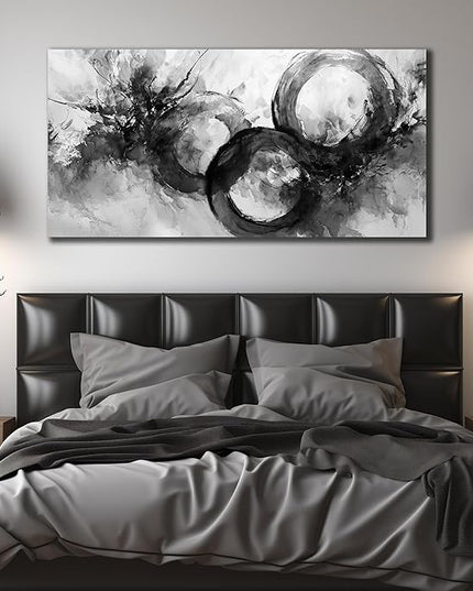 JuhaiArt White Wall Decor Art for Living Room Office Abstract Canvas Wall Art Black Circle Picture Art 29" x 59" Large Modern Poster Artwork