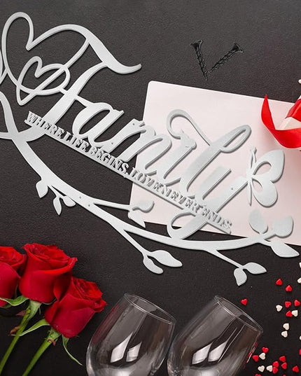 Family Where Life Begins Love Never Ends Word Sign Metal Wall Decor, Silver Home Decor Wall Art Decorations, Letters Quotes Sign for Living Room Bedroom Kitchen Indoor Outdoor Decor(28 x 13in)