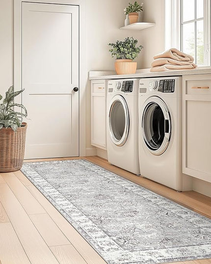 jinchan Fiora Runner Rug 2x6 Machine Washable Hallway Rug Grey Vintage Floral Print Non-Slip Low Pile Ultra-Thin for Kitchen, Entryway, Laundry Room, Bedroom, Farmhouse (2‘x6’, Grey)