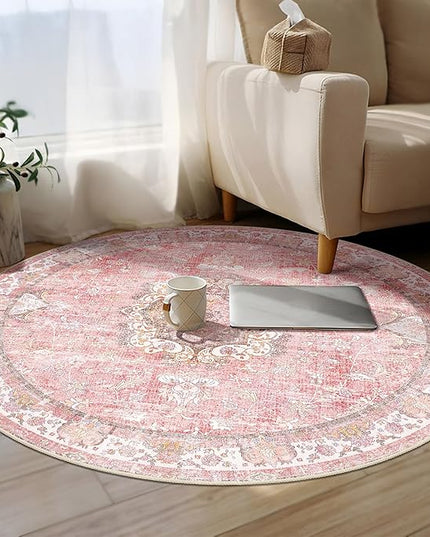 Pink Round Rug 5ft, Circle Boho Area Rugs for Bedroom Living Room Bedside,Washable Vintage Bohemian Distressed Oriental Floral Carpet Non Slip,Blush Floral Flowers