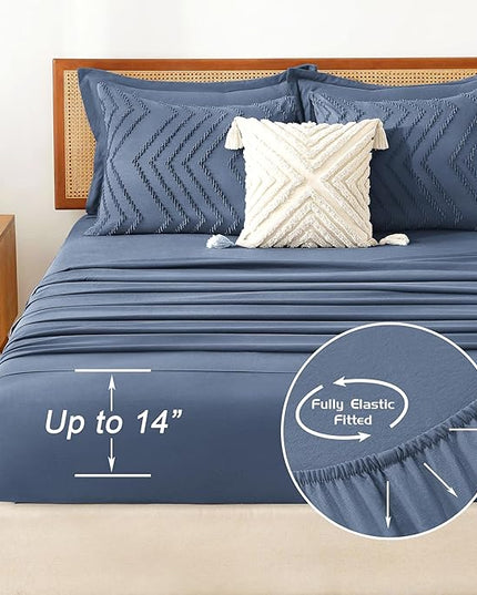 Litanika Queen Size Comforter Set with Sheets Ocean Blue - 7 Pieces Bed in a Bag Queen Chevron Tufted Complete Bedding Sets with Comforter, Sheets, Pillowcases & Shams