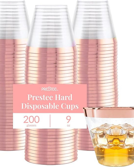 Prestee 200 Rose Gold Plastic Cups, 9oz – Elegant Hard Disposable Tumblers for Wine, Cocktails & Beverages – Clear Plastic Cups with Rose Gold Rim – Bulk Party Drinkware for Weddings, Holidays & Event