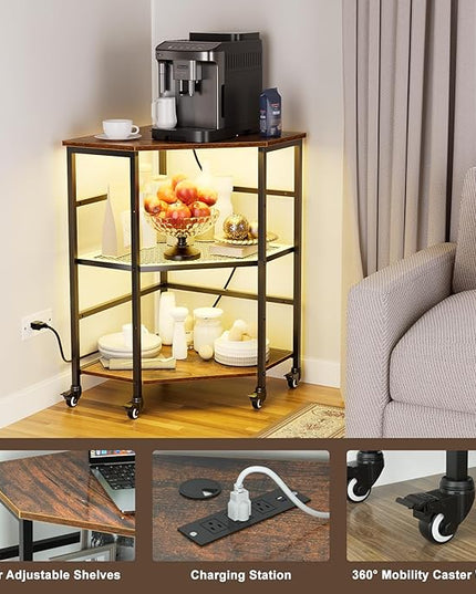HAIOOU Corner Printer Stand Table with Power Outlet Charging Plugs USB Port & LED Lights, 3-Tier Corner Table with Wheel, Metal Frame Adjustable Storage Shelf for Home Office Kitchen