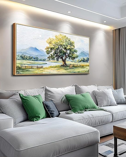 PHAOHUAXM Farmhouse Wall Art For Dining Room Canvas Wall Decor For Bedroom Office Green Tree Ink-Wash Landscape Painting Pictures Art Aesthetic living room Home Decor Posters 20x40 In Wood Framed