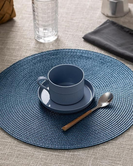 Round Placemats Set of 8 Plastic Woven Placemats Washable Wipeable Table Mats for Dining Table Heat Resistant Non-Slip Circle Place Mats (Royal Blue)