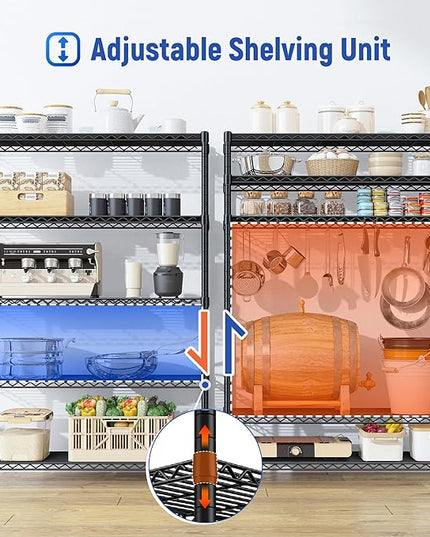 5 Tier Storage Shelves 71" H Wire Shelving Adjustable Metal Shelving,1000LBS Pantry Shelves Sturdy Steel Wire Shelf for Kitchen Commercial Pantry Garage Warehouse,71" H X35.5 W X13.8 D, Black