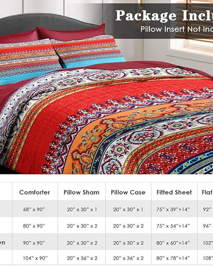 Comforter Set Full Size, Vintage Paisley Leaf Floral 7 Pcs Bedding for Kids and Adults, Ethnic Geometric Flower Bed Sheet Sets with Fitted Sheet 2 Pillowcases & 2 Shams