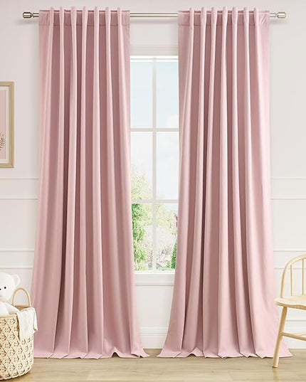 Guken 100% Blackout Linen Curtains 100 Inch 2 Panels Set for Girl's Bedroom, Living Room, Nursery, Back Tab Thermal Insulated Black Out Drapes Room Darkening, Pink