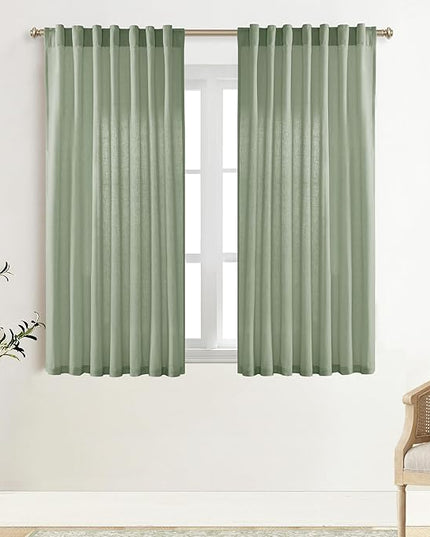 XTMYI Sage Green Back Tab/Hook Belt Linen Cotton Sheer Curtains 45 Inch Length for Bathroom Bedroom 2 Panels Set