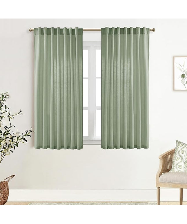 XTMYI Sage Green Back Tab/Hook Belt Linen Cotton Sheer Curtains 45 Inch Length for Bathroom Bedroom 2 Panels Set