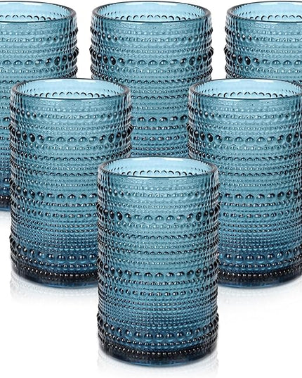 Vintage Glassware Drinking Glasses Set of 6,15 oz Hobnail Glass Cups,Embossed Blue Water Tumbler,for Beer,Cocktail,Whiskey,Juice and Various Mixed Drinks- 1 Cleaning Brush