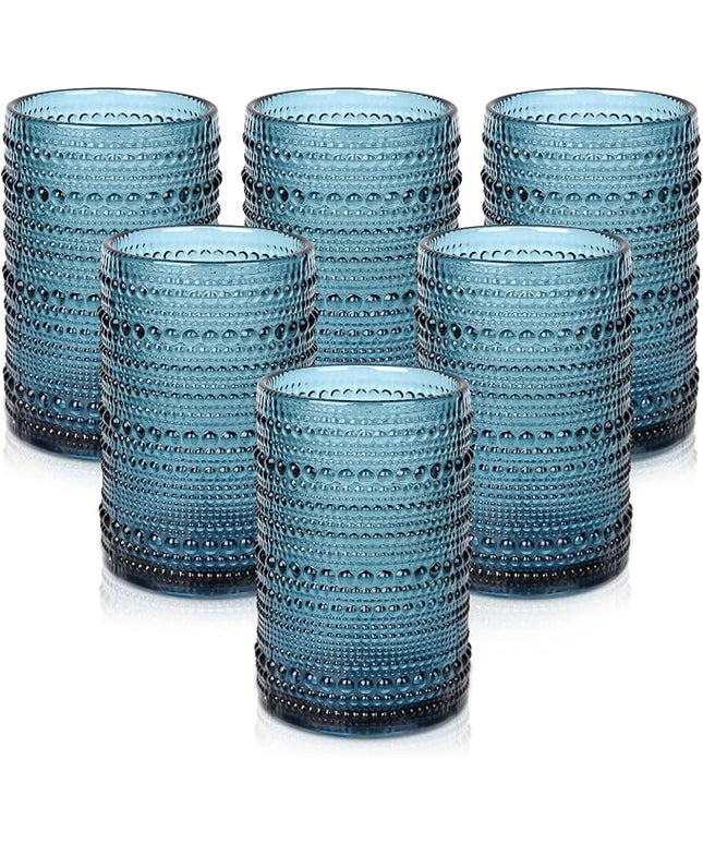 Vintage Glassware Drinking Glasses Set of 6,15 oz Hobnail Glass Cups,Embossed Blue Water Tumbler,for Beer,Cocktail,Whiskey,Juice and Various Mixed Drinks- 1 Cleaning Brush