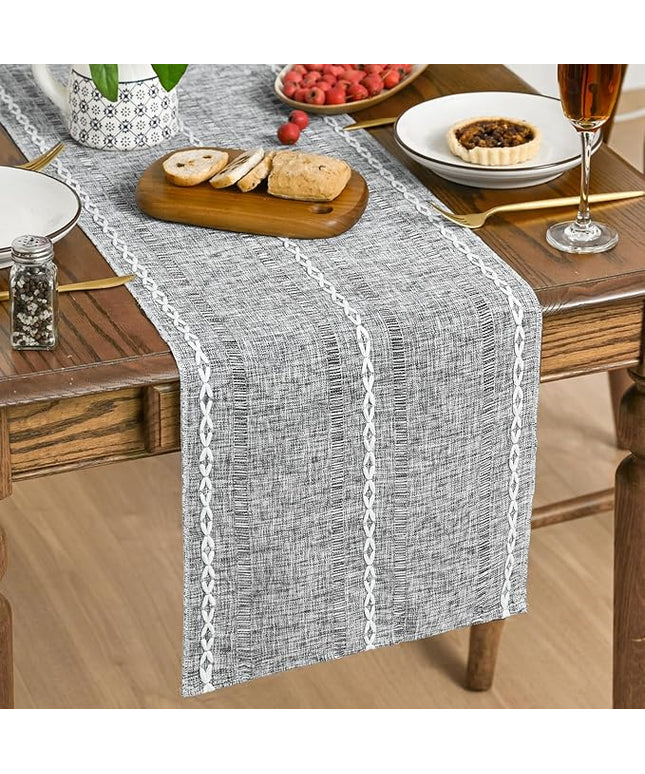 Artoid Mode Dark Grey Rustic Cotton Linen Table Runner, Seasonal Embroidered Hollow Kitchen Dining Table Decoration for Home Party Decor 13x60 Inch