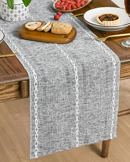 Artoid Mode Dark Grey Rustic Cotton Linen Table Runner, Seasonal Embroidered Hollow Kitchen Dining Table Decoration for Home Party Decor 13x108 Inch