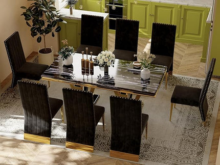 Luxury Dining Table, Black and Gold Dining Room Table, 78 inch Rectangle Dining Table with Polished Gold Double Pedestal for 4-8