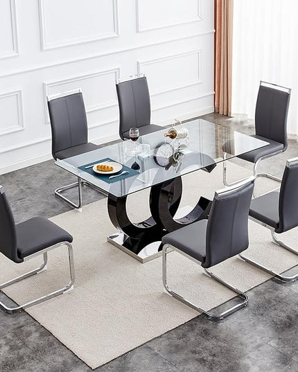 Ebullient Glass Dining Table Set for 6 ，7 Piece Dining Table Set,Tempered Glass Table Top，Modern Dining Room Table with 6 PU Leather Ergonomic Dining Chairs