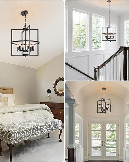 6-Light Black Chandelier, 17.72“ Geometric Dining Room Light Fixture, Large Modern Chandelier, Hanging Industrial Metal Chandelier for Foyer Entryway Kitchen Hallway Living Room