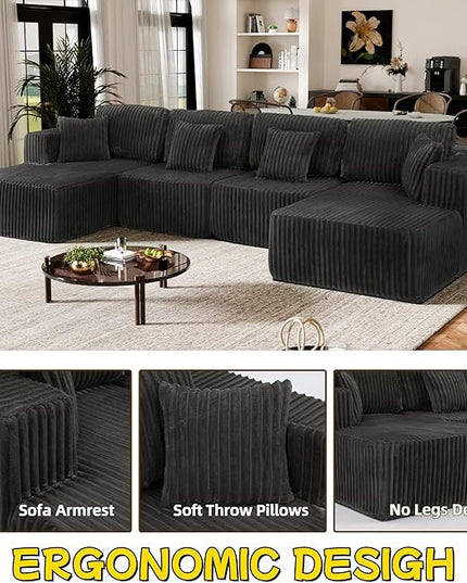 132" U Shaped Boneless Couch, Cloud Sectional Modular Sofa with Double Chaise Lounge, Corduroy Cloud Couch with Pillows & Deep Seat, Boneless Sofa for Living Room, Grey