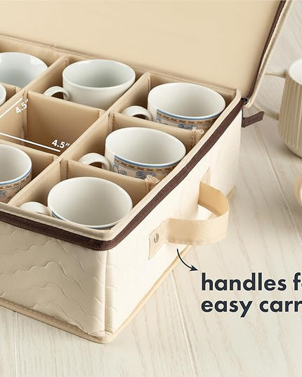 Hard Shell China Storage Containers 5-Piece Set Moving Boxes for Dinnerware, Glasses, Plates, Mugs and Saucers Sturdy Dish Organizer with Dividers for Seasonal Storage - Service for 12 - Beige Quilted
