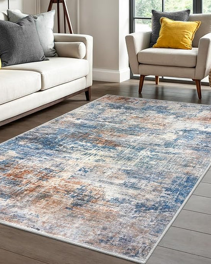 IOHOUZE Abstract Area Rug 4x6 Ft Washable Rugs for Entryway Indoor, Non Slip Small Living Room Rugs Printed Faux Wool Throw Rug, Floor Carpet for Kitchen Nursery Playroom, Blue Rust