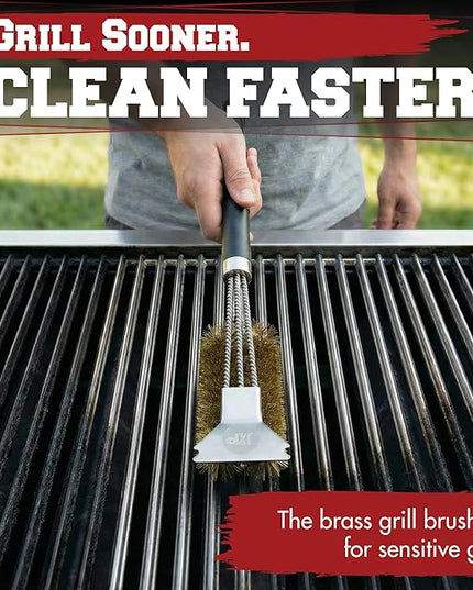 KITCHEN PERFECTION Brass GrillSaver - Safe BBQ Grill Brush with Replaceable Cleaning Head -Heavy-Duty Grill Cleaner w/Scraper for Porcelain & Ceramic Grates, Includes Magnetic Hanger & Bottle Opener
