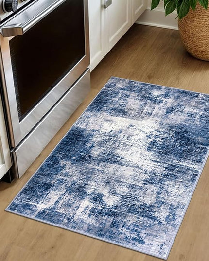 IOHOUZE Small Abstract Area Rug 2x3 Ft Entryway Rugs Washable Door Mat Indoor Entrance, Rubber Backed Throw Rugs, Printed Faux Wool Non Slip Floor Carpet for Foyer Front Door Sink, Navy/Grey