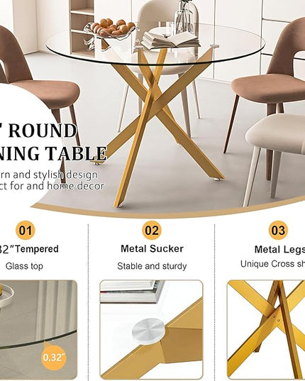 5 Piece Round Dining Table Set for 4, Modern Glass Kitchen Dining Room Table Set for 4, 47" Circle Gold Glass Metal Dining Table with 4 White PU Leather Dining Chairs for Kitchen Dining Room