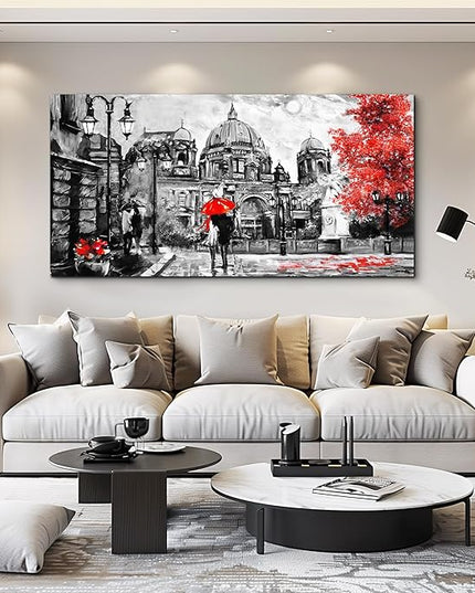 Black and White Buildings and Lovers Holding Umbrellas Under Street Lamps Canvas Art Print Artwork Wall Art for Living Room bedroom Wall Decor，Modern Home Decor Watercolor wall painting decoration