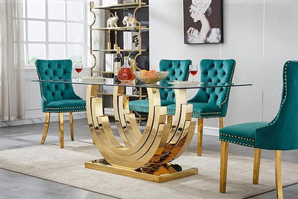 70" Large Glass Dining Table,Modern Rectangular Dining Room Table with 0.39" Tempered Glass Top & Gold Finish Stainless Steel Legs, Modern Clear Kitchen Table for Home Office