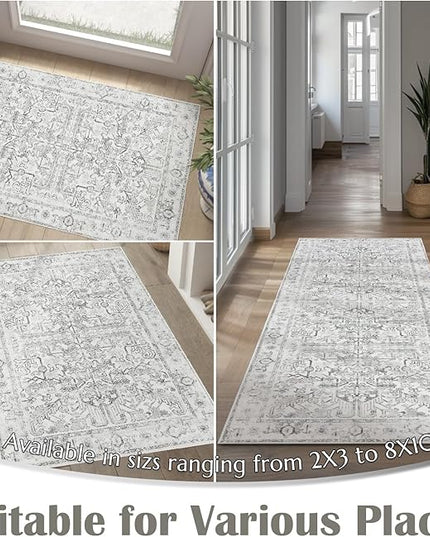 jinchan Lima Hallway Runner Rug 3x8 Washable - Vintage Floral Non Slip Low-Pile Soft Ultra-Thin Faux Wool Kitchen Rug Distressed Carpet Runner for Farmhouse Bedroom Laundry (3x8ft, Grey)