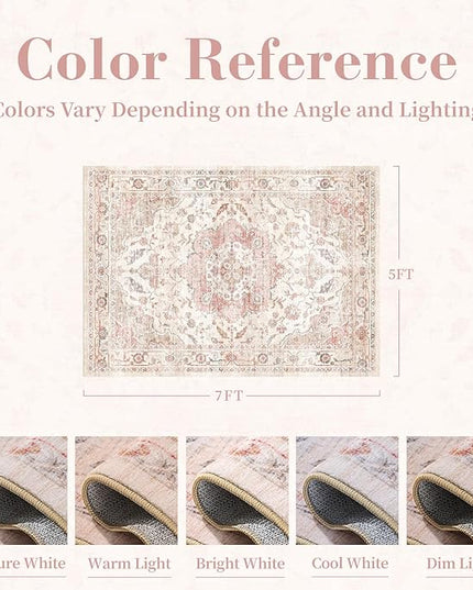 PADOOR-Vintage Area Rug 5X7 Rugs for Living Room-Soft Pink Rugs for Bedroom-Machine Washable Rugs Non Slip Carpet-Rug for Dining Room Living Room Bedside Office
