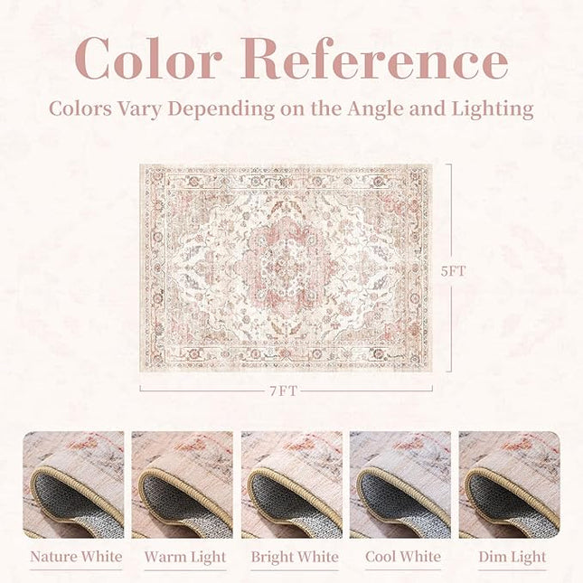 PADOOR-Vintage Area Rug 5X7 Rugs for Living Room-Soft Pink Rugs for Bedroom-Machine Washable Rugs Non Slip Carpet-Rug for Dining Room Living Room Bedside Office