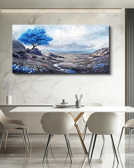 XIGUANGART Landscape Canvas Wall Art for Bedroom Blue Flowers Tree Art Prints Painting Nature Picture Modern Artwork Wall Decor for Living Room Kitchen Home Office Mural Posters Gift 20"X40"
