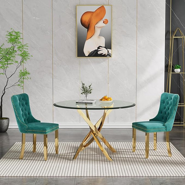 HomVent Round Glass Dining Table Set for 2, Modern Tempered Glass Kitchen Table Set and Chairs, Round Glass Dining Room Table Set for Kitchen (Gold, 36 inch Gold Table with 2 Green Chairs)