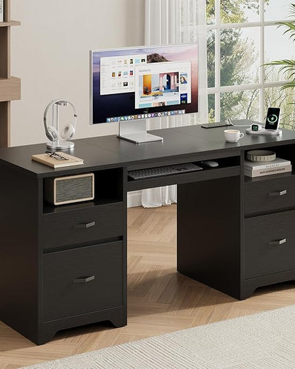 Bestier 59” Computer Desk with 4 Drawers, Office Desk with Storage, Modern Executive Desk with Charging Station, Keyboard Tray & Wooden Pedestals on Both Sides for Home Office & Studio, Black