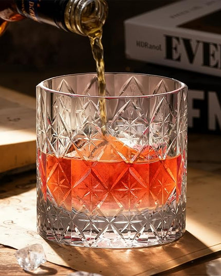 KAMMAK Crystal Whiskey Glass Set of 2, 7.44 oz (220ml) Old Fashioned Tumbler with Delicate Rim & Thick Stable Base, Hand Blown Lead-Free Barware for Scotch, Bourbon, Cocktail, 12-Facet
