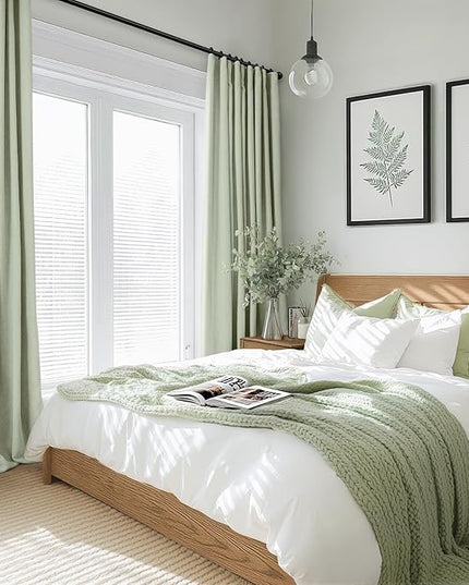 INOVADAY 100% Blackout Curtains for Bedroom, Black Out Curtains 96 Inch Long, Clip Rings Linen Blackout Drapes, Thermal Insulated Room Darkening for Living Room, 2 Panels - Sage,W50xL96